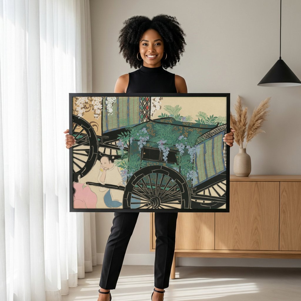 Quadro Decorativo Carruagem e Glicínias - Kamisaka Sekka com modelo em ambiente
