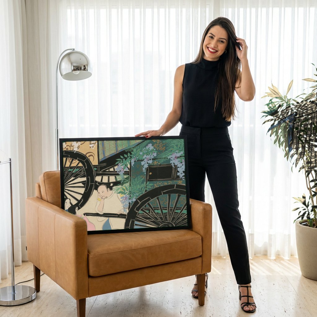 Quadro Decorativo Carruagem e Glicínias - Kamisaka Sekka com modelo em ambiente