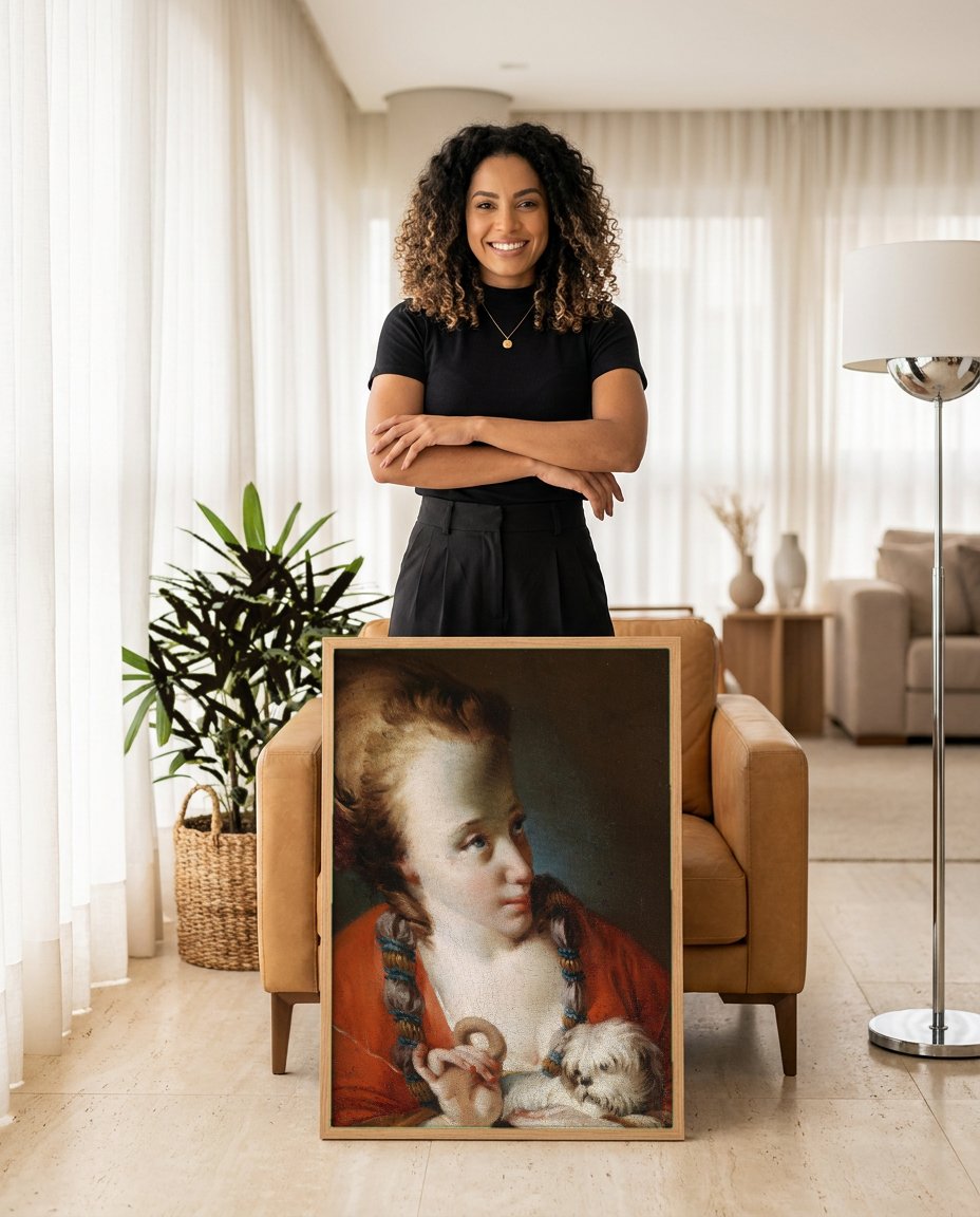 Quadro Decorativo Jovem com Cão - G. B. Piazzetta com modelo em ambiente