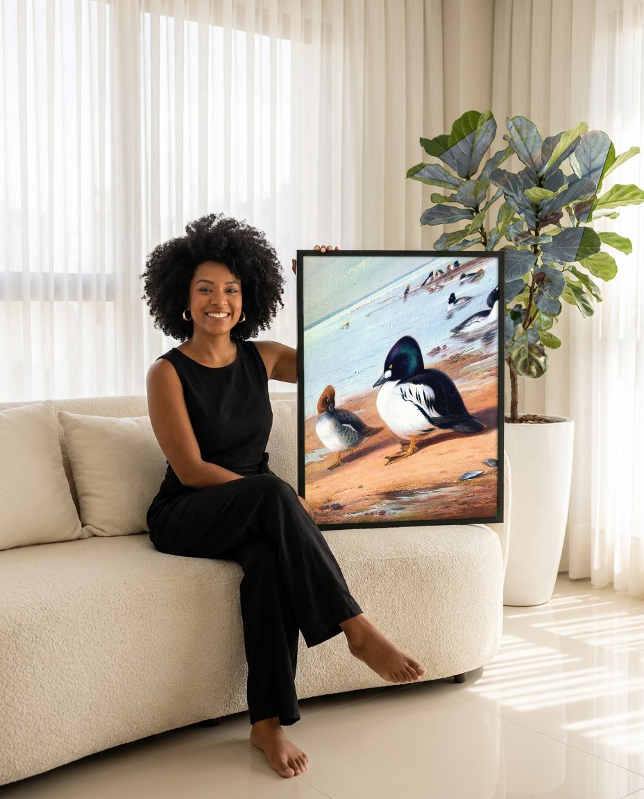 Quadro Decorativo Patos Dourados - Archibald Thorburn com modelo em ambiente