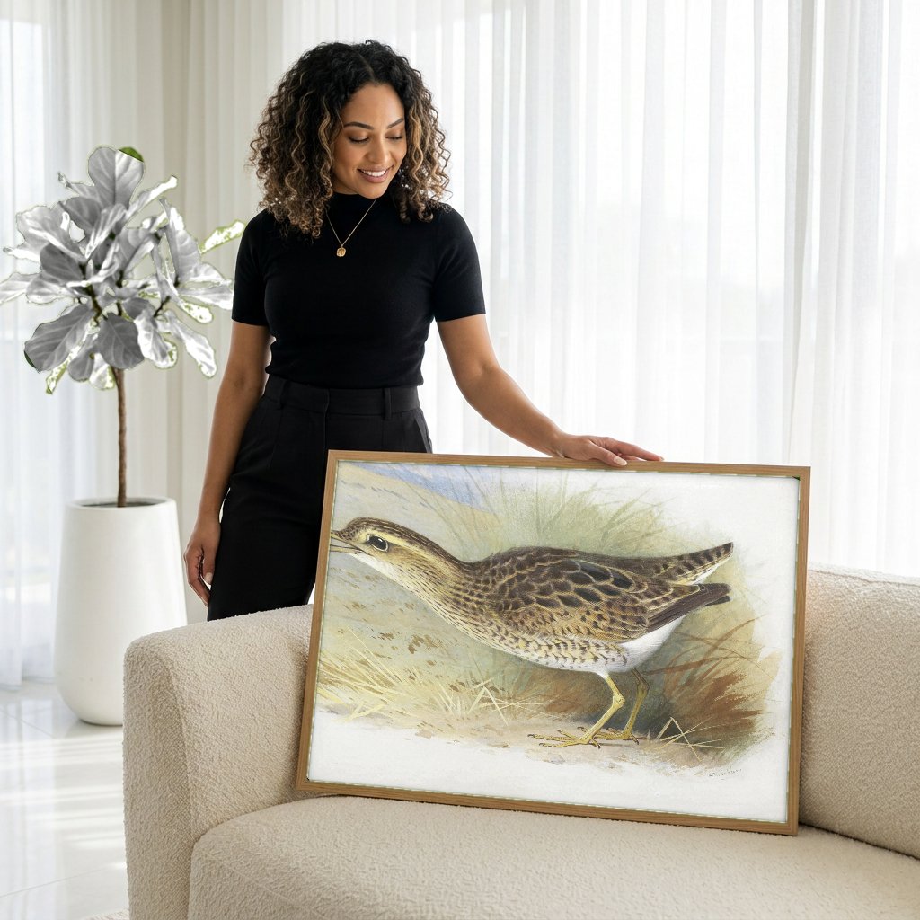 Quadro Decorativo Aves Costeiras – Archibald Thorburn com modelo em ambiente