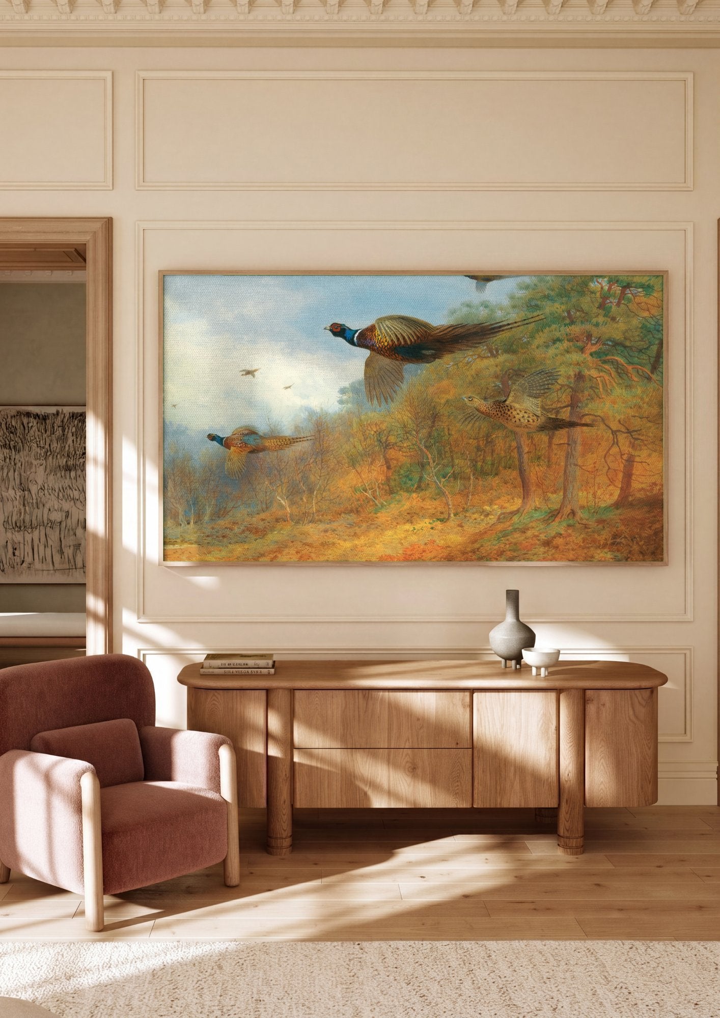 Quadro Decorativo Faisões em Voo - Archibald Thorburn em ambiente decorado
