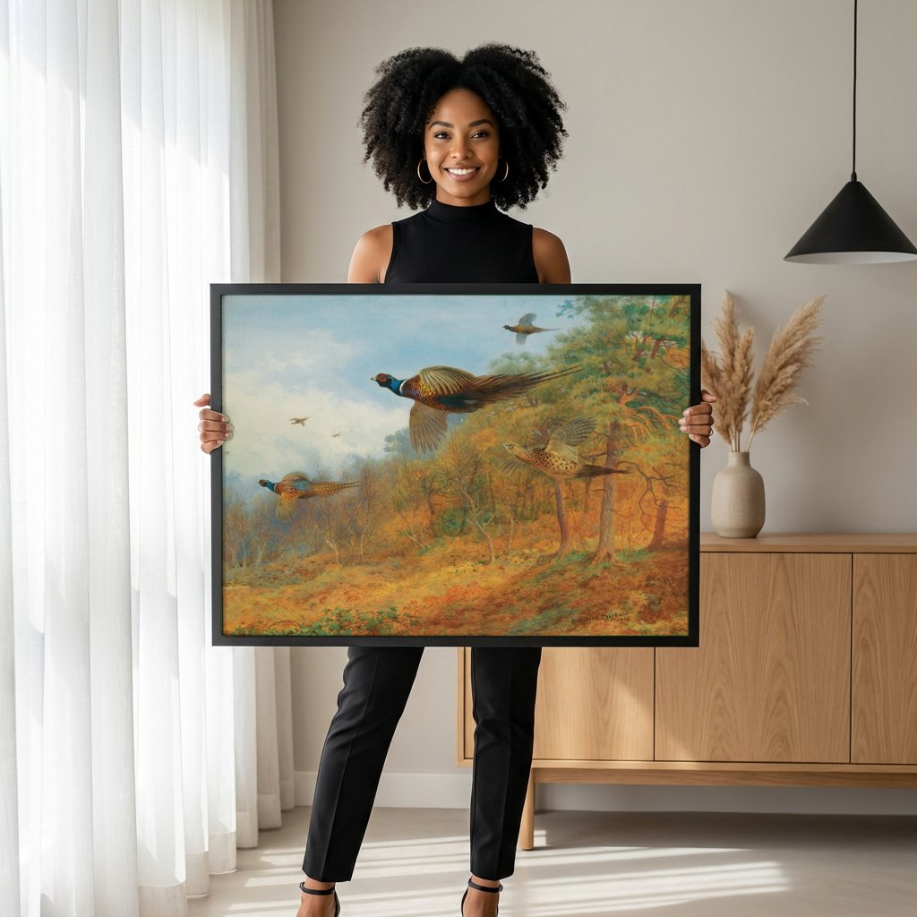 Quadro Decorativo Faisões em Voo - Archibald Thorburn com modelo em ambiente