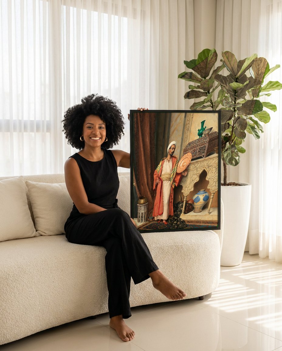 Quadro Decorativo O Vendedor de Cerâmica - Ludwig Deutsch com modelo em ambiente