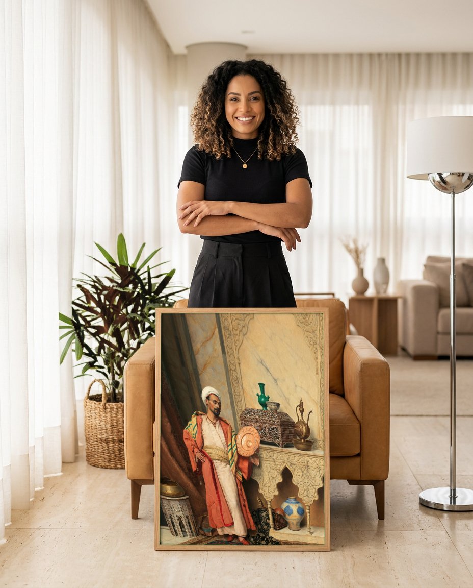 Quadro Decorativo O Vendedor de Cerâmica - Ludwig Deutsch com modelo em ambiente