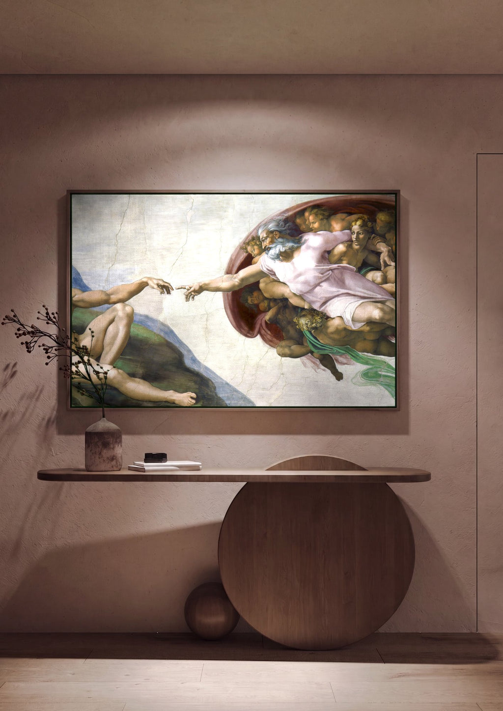 Quadro Decorativo A Criacao de Adao - Michelangelo em ambiente decorado