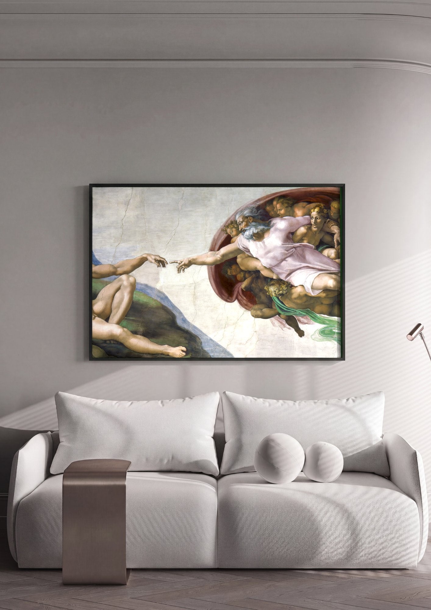 Quadro Decorativo A Criacao de Adao - Michelangelo em ambiente decorado