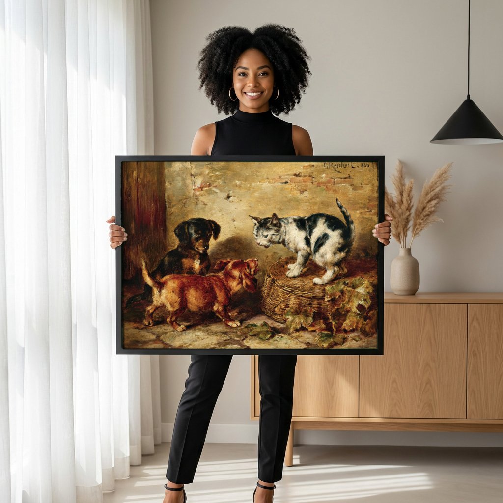 Quadro Decorativo Cães e Gato - Carl Reichert com modelo em ambiente