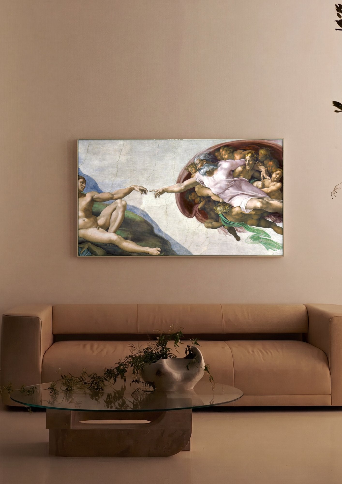 Quadro Decorativo A Criação de Adão - Michelangelo em ambiente decorado
