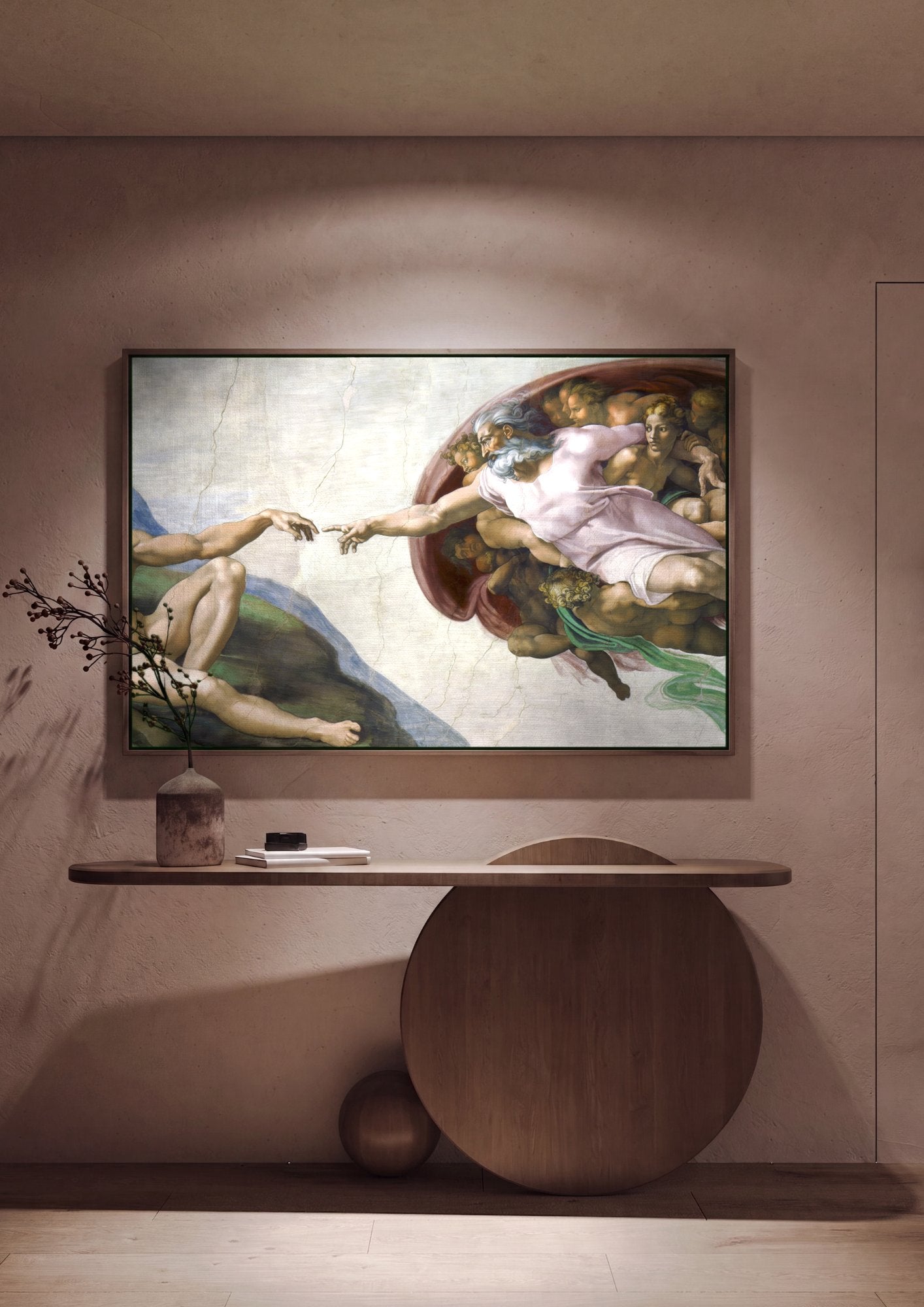 Quadro Decorativo A Criação de Adão - Michelangelo em ambiente decorado