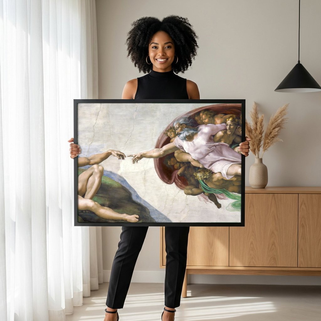 Quadro Decorativo A Criação de Adão - Michelangelo com modelo em ambiente