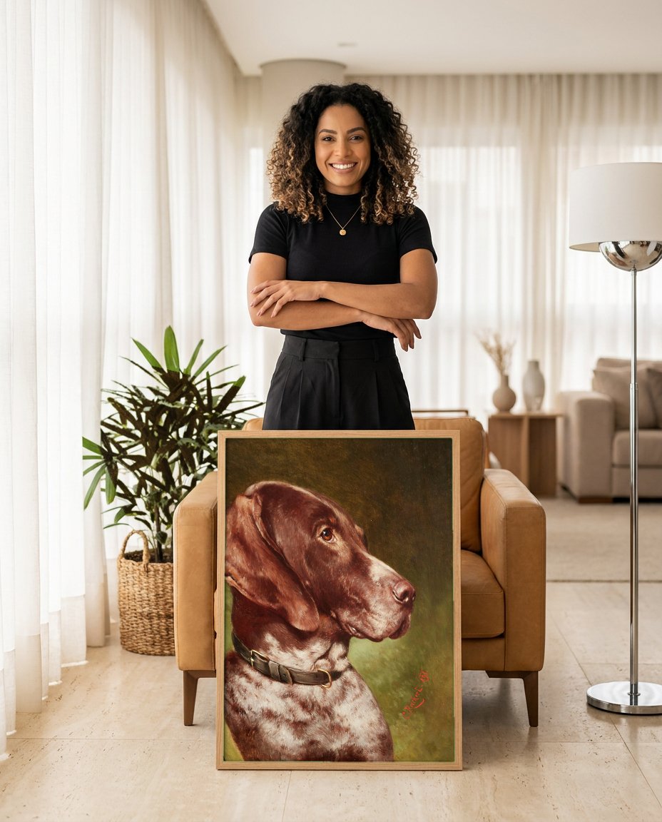 Quadro Decorativo Cão de Caça - Carl Reichert com modelo em ambiente