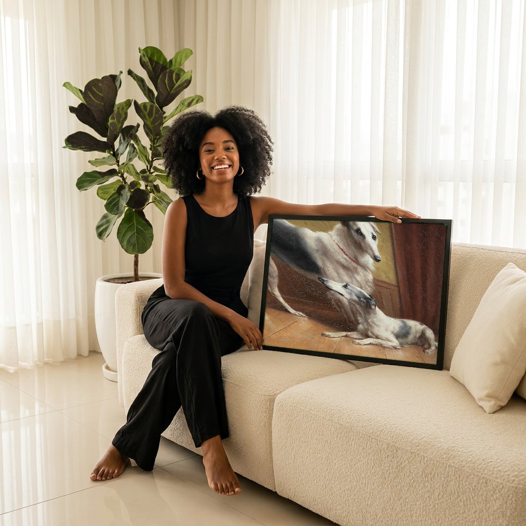 Quadro Decorativo Cães Borzoi - Carl Reichert com modelo em ambiente