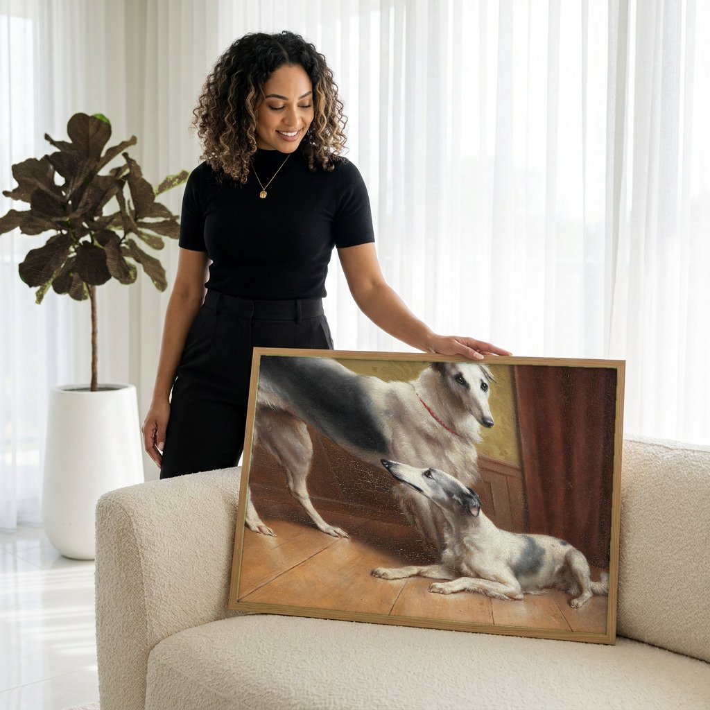 Quadro Decorativo Cães Borzoi - Carl Reichert com modelo em ambiente
