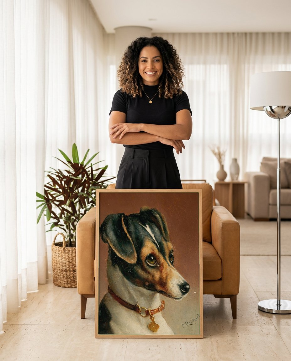 Quadro Decorativo Cão Terrier - Carl Reichert com modelo em ambiente