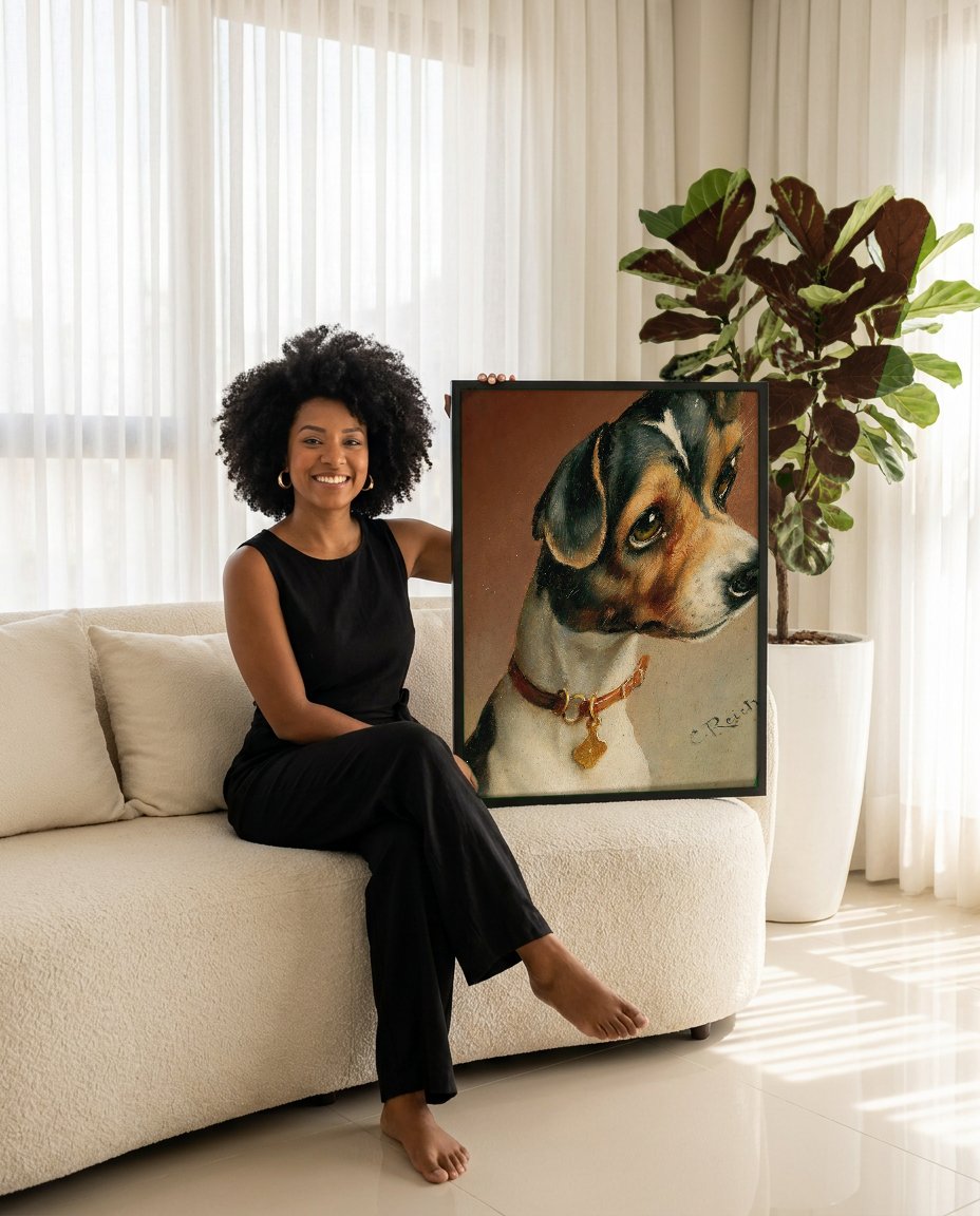 Quadro Decorativo Cão Terrier - Carl Reichert com modelo em ambiente