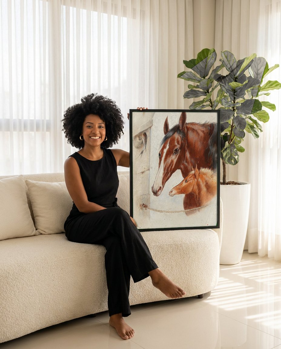 Quadro Decorativo Mãe e Potro - Carl Reichert com modelo em ambiente