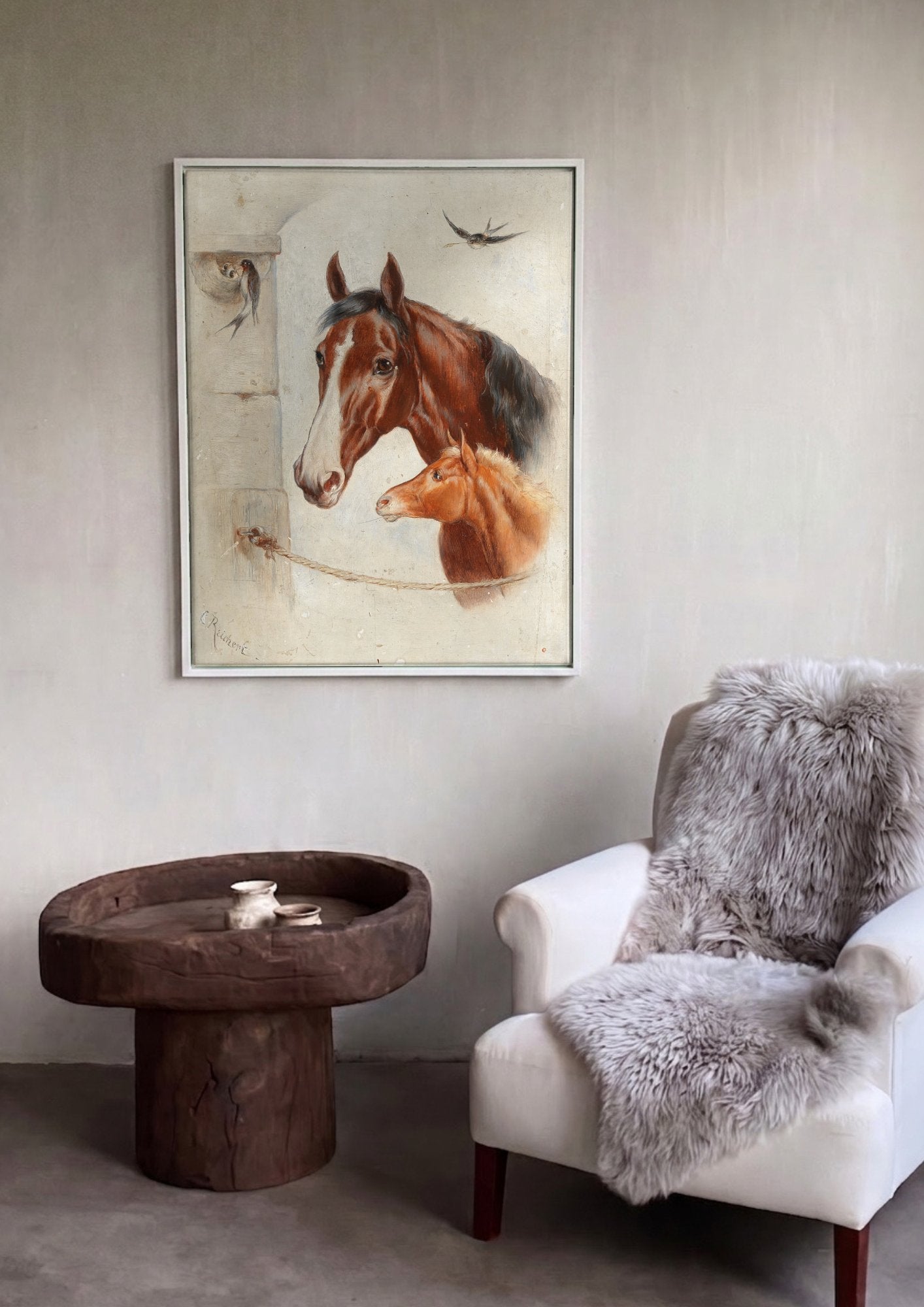 Quadro Decorativo Mãe e Potro - Carl Reichert em ambiente decorado