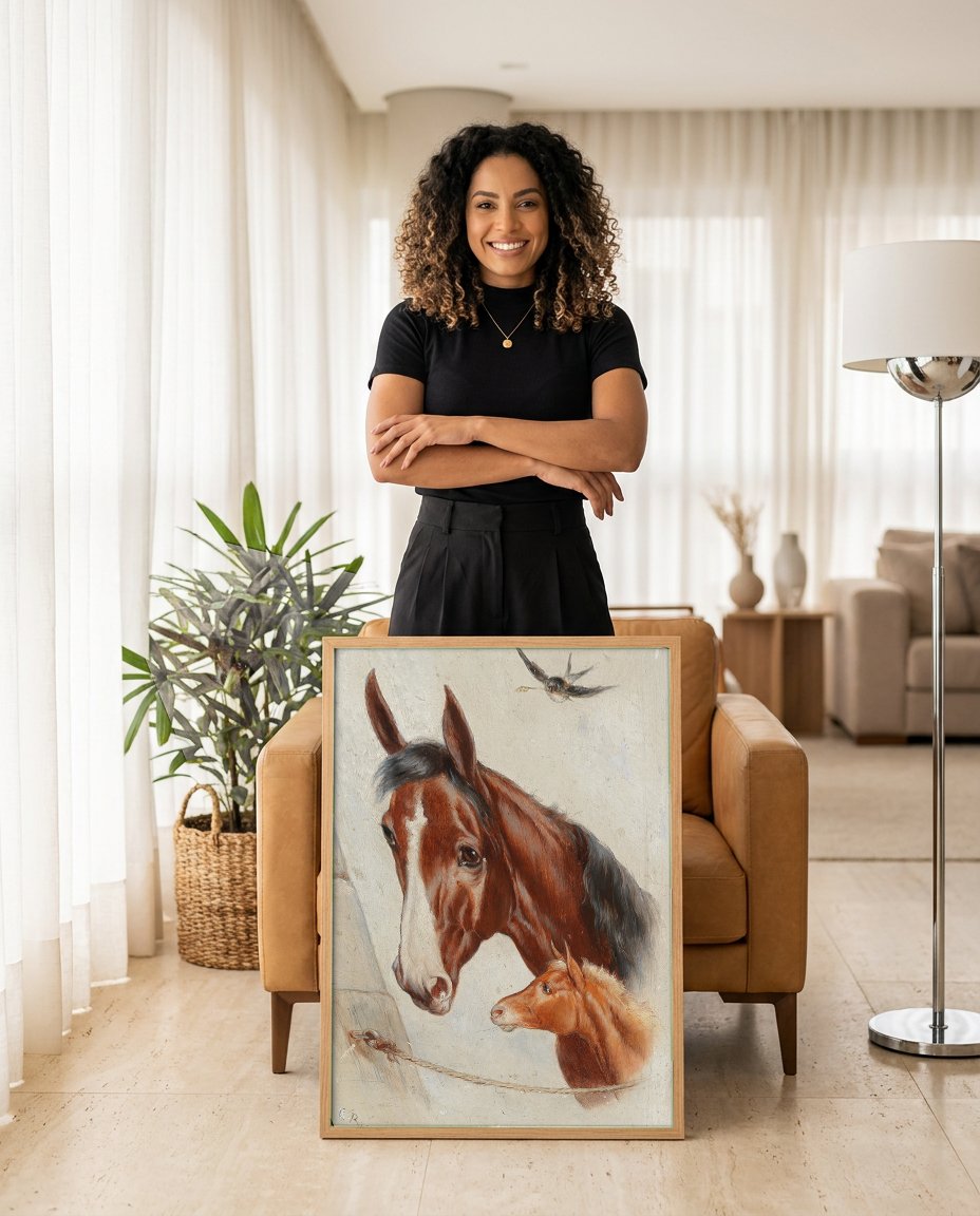 Quadro Decorativo Mãe e Potro - Carl Reichert com modelo em ambiente
