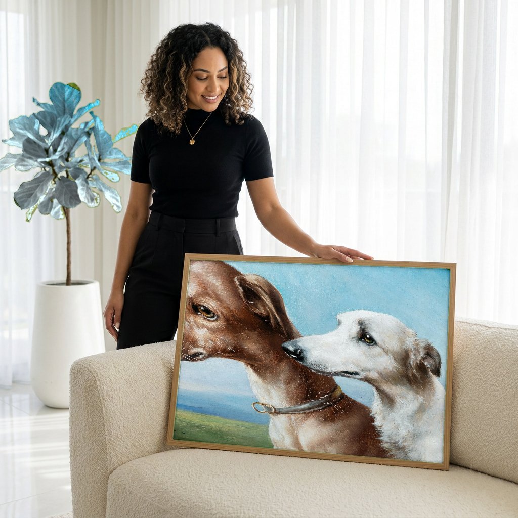 Quadro Decorativo Cães Galgos - Carl Reichert com modelo em ambiente