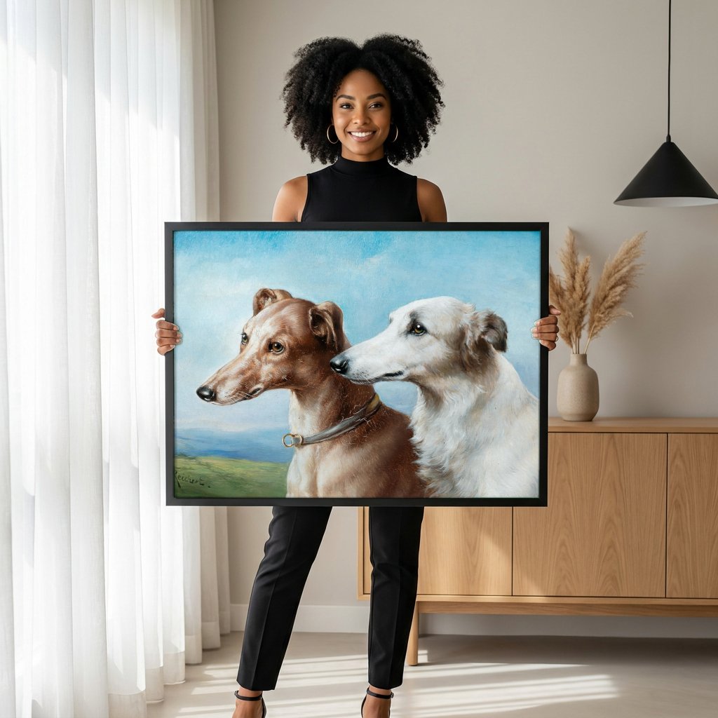 Quadro Decorativo Cães Galgos - Carl Reichert com modelo em ambiente