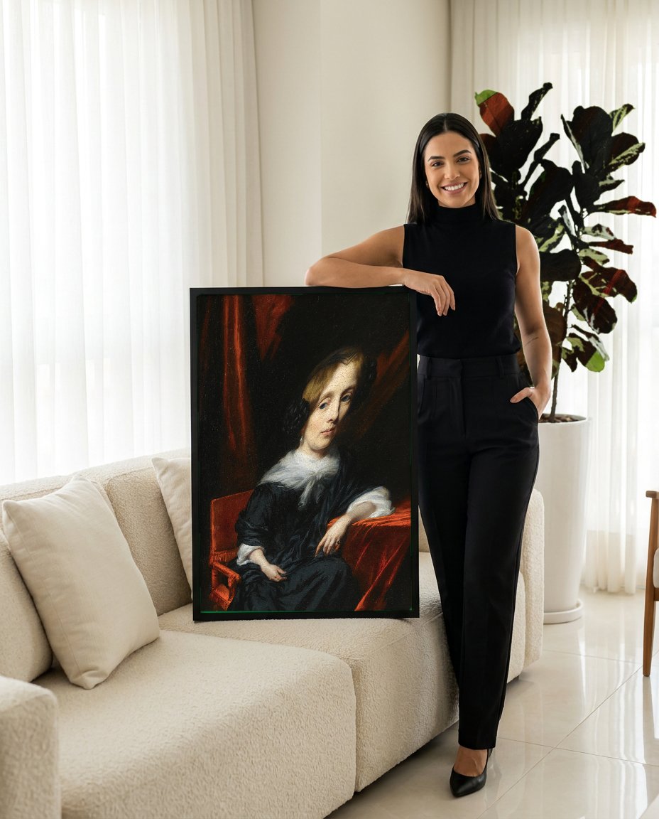 Quadro Decorativo Retrato de Mulher - Nicolaes Maes com modelo em ambiente