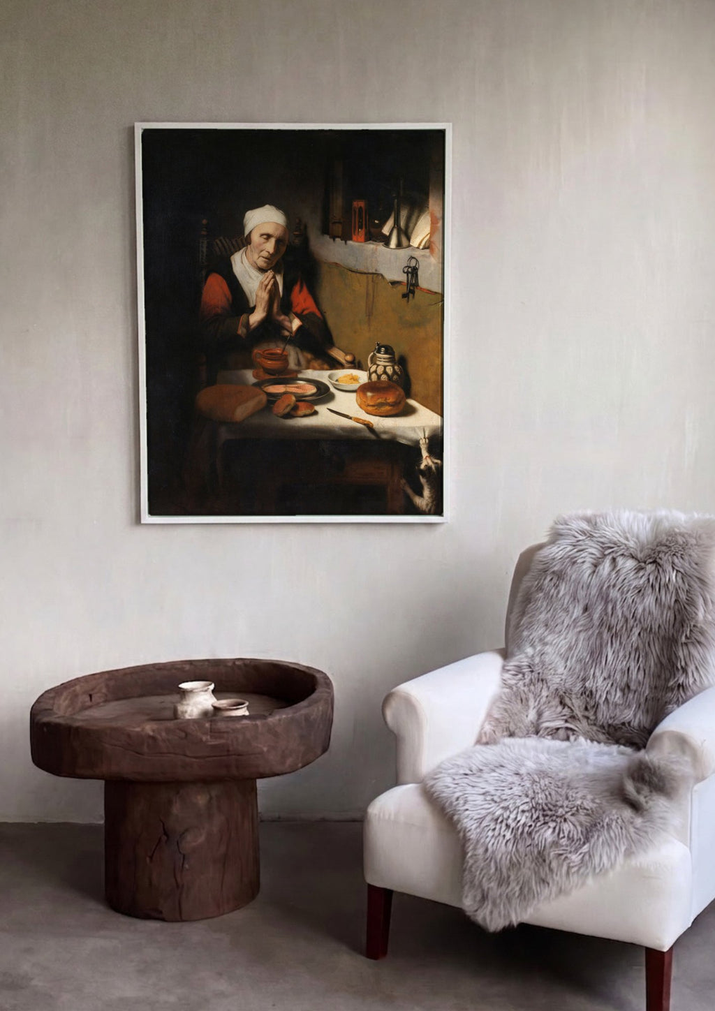 Quadro Decorativo A Oração da Velha - Nicolaes Maes em ambiente decorado