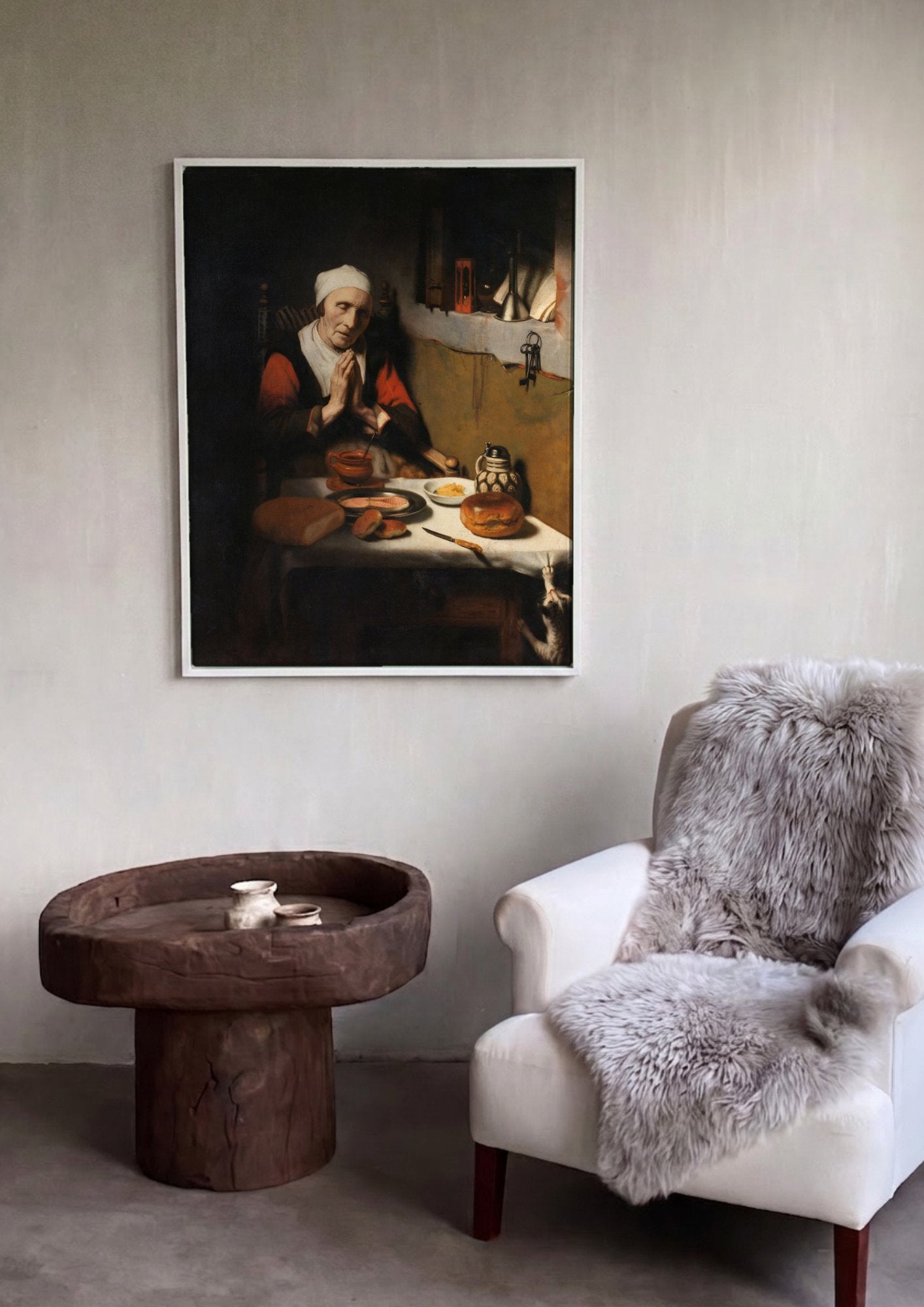 Quadro Decorativo A Oração da Velha - Nicolaes Maes em ambiente decorado