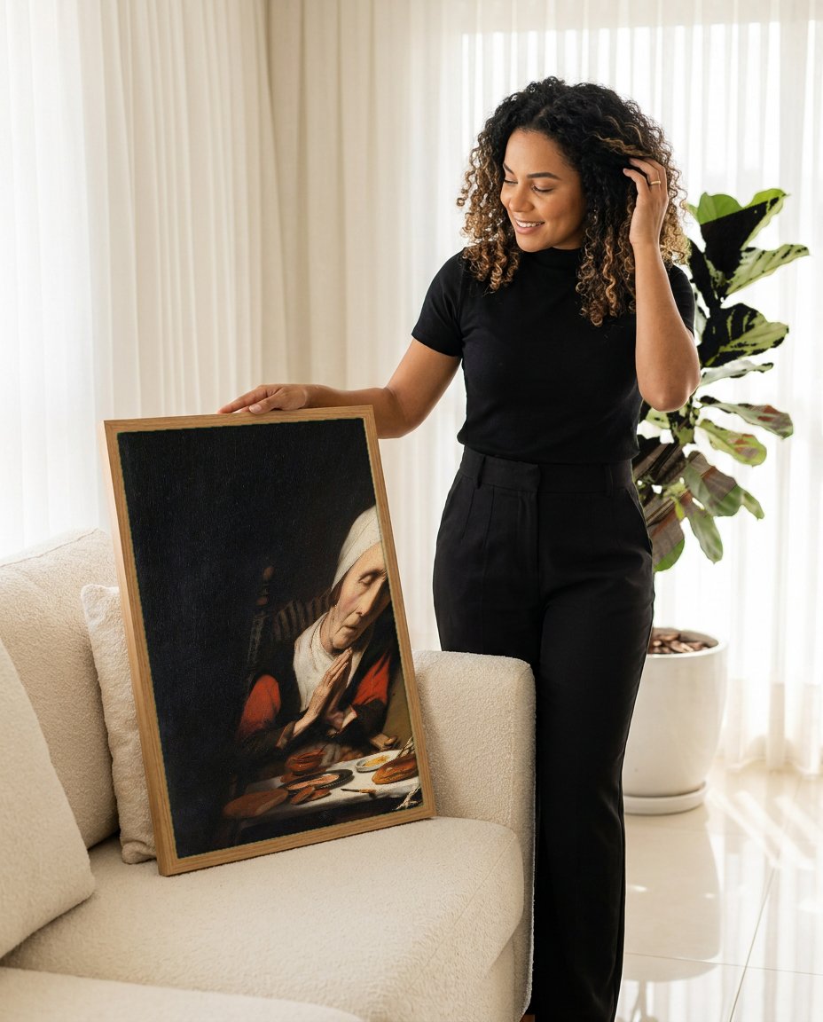 Quadro Decorativo A Oração da Velha - Nicolaes Maes com modelo em ambiente