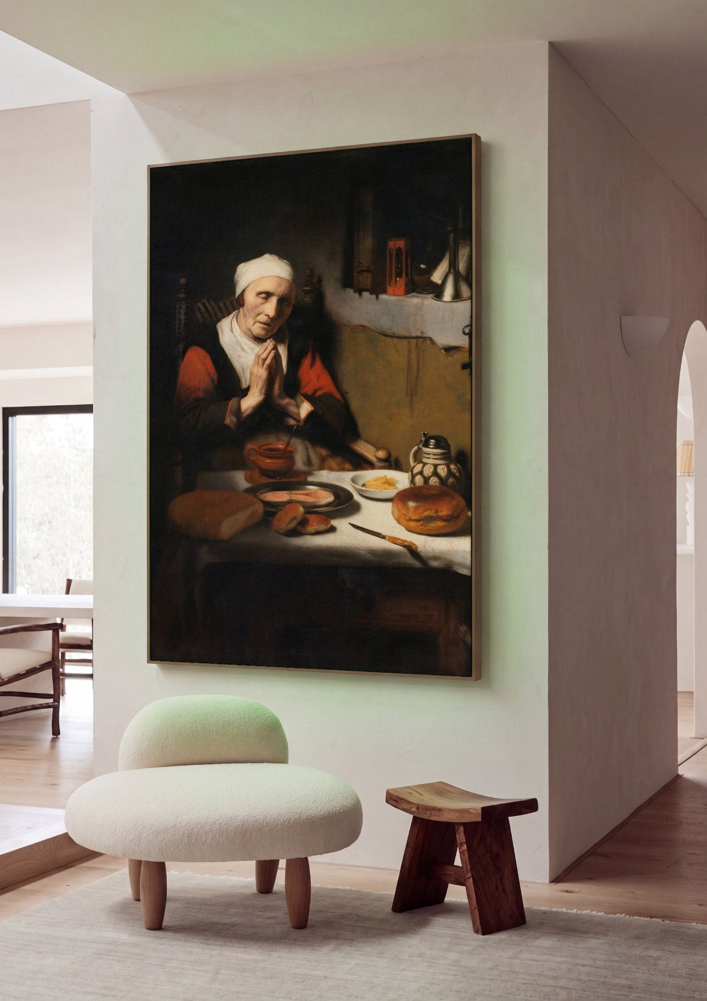 Quadro Decorativo A Oração da Velha - Nicolaes Maes em ambiente decorado
