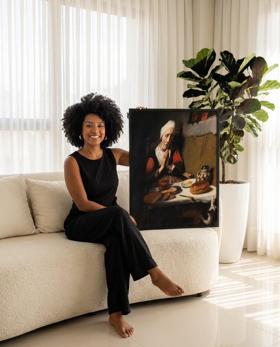 Quadro Decorativo A Oração da Velha - Nicolaes Maes com modelo em ambiente