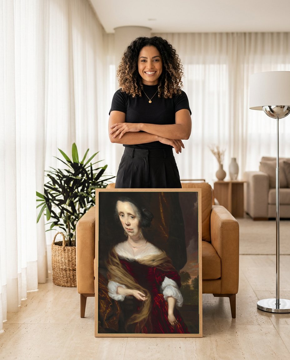 Quadro Decorativo Retrato de Mulher - Nicolaes Maes com modelo em ambiente