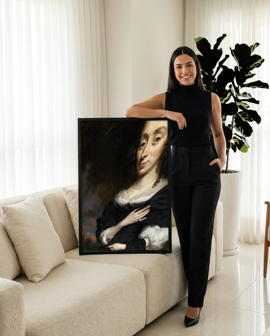 Quadro Decorativo Retrato de Mulher - Nicolaes Maes com modelo em ambiente