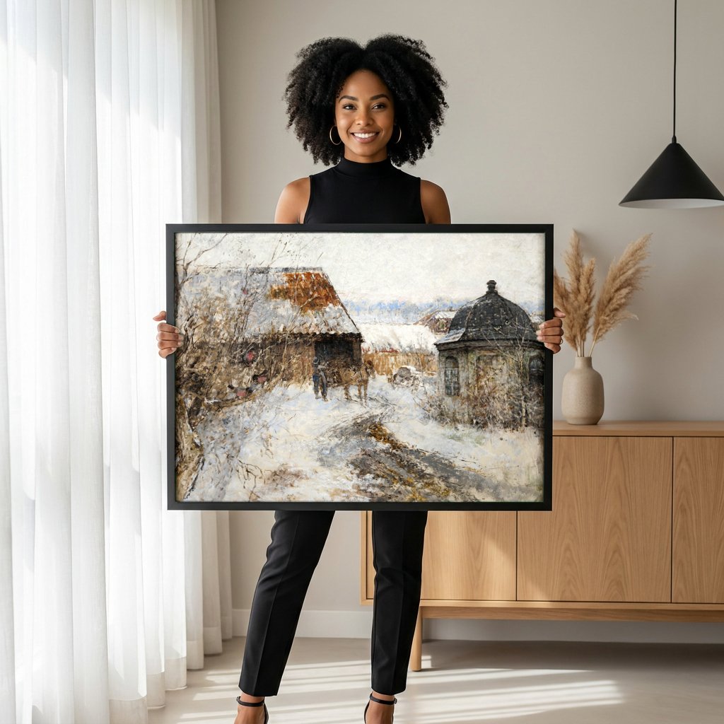 Quadro Decorativo Inverno na Aldeia - Victor Fosseil com modelo em ambiente