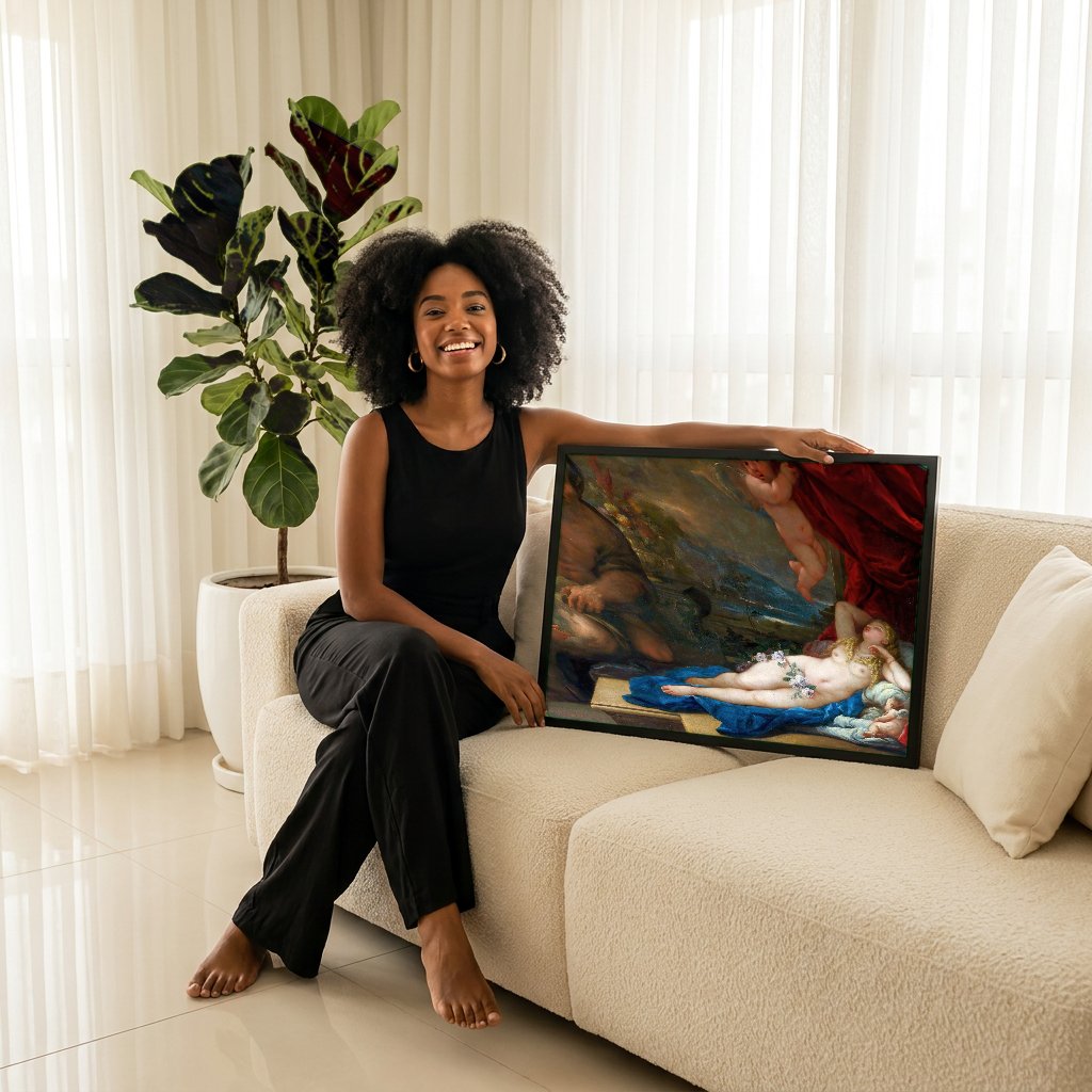Quadro Decorativo 'A Sátira Surpreendida' - Luca Giordano com modelo em ambiente