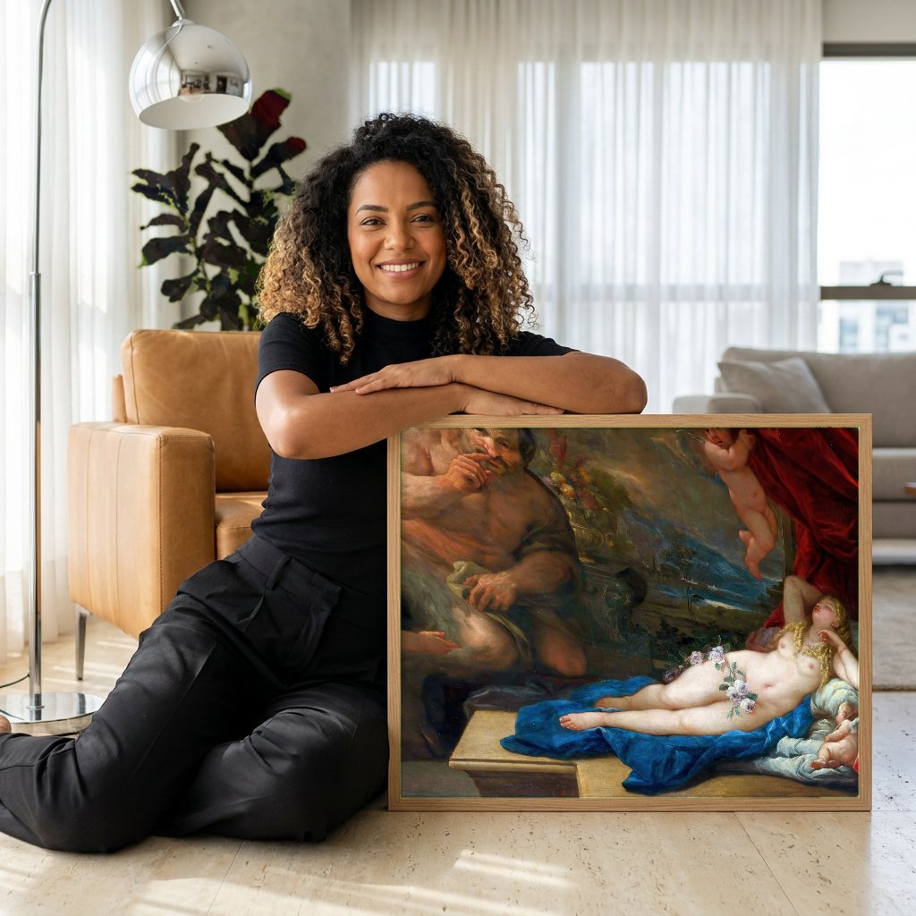 Quadro Decorativo 'A Sátira Surpreendida' - Luca Giordano com modelo em ambiente