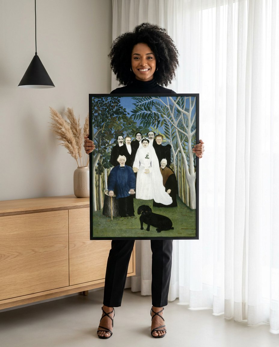 Quadro Decorativo A Noiva e Seus Convidados - Henri Rousseau com modelo em ambiente