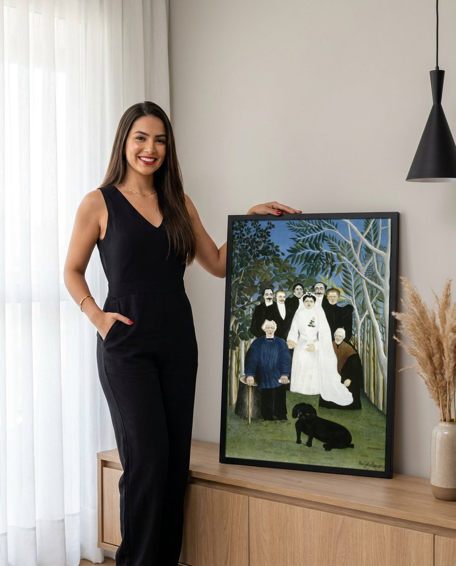 Quadro Decorativo A Noiva e Seus Convidados - Henri Rousseau com modelo em ambiente
