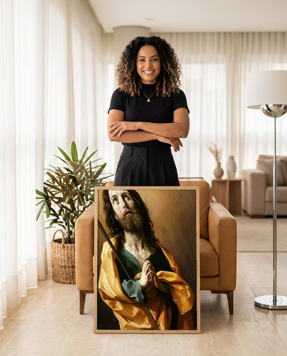 Quadro Decorativo São José Orando - Guido Reni com modelo em ambiente
