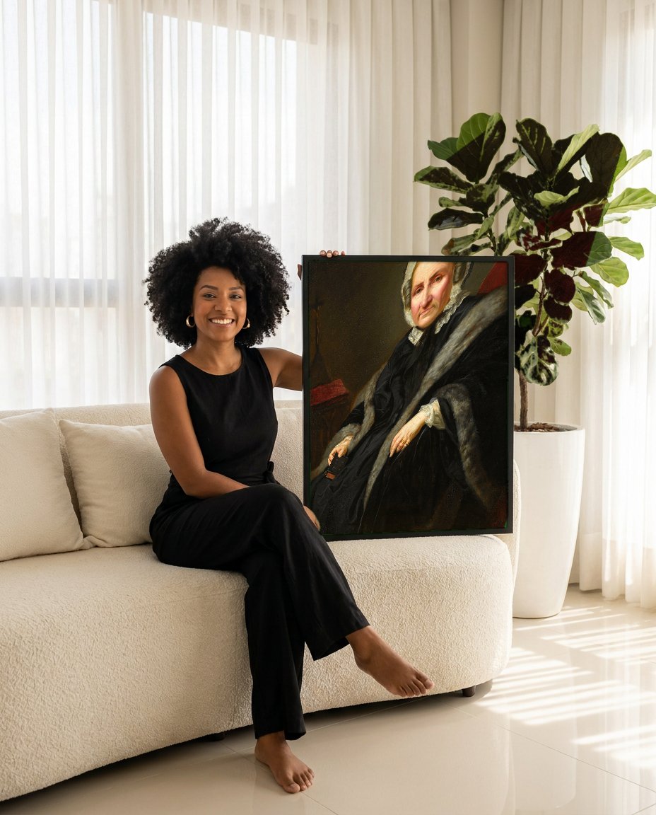 Quadro Decorativo Retrato de Senhora Idosa - Simmler com modelo em ambiente