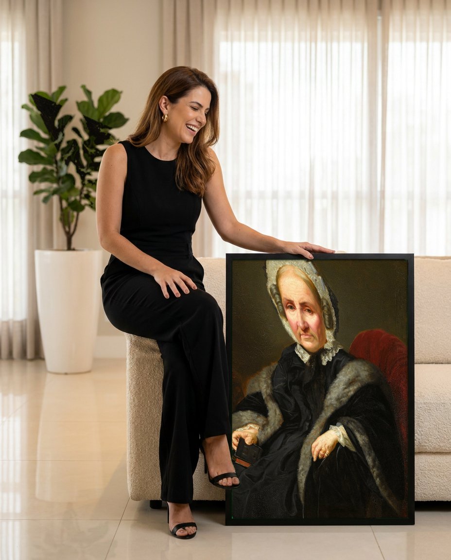 Quadro Decorativo Retrato de Senhora Idosa - Simmler com modelo em ambiente