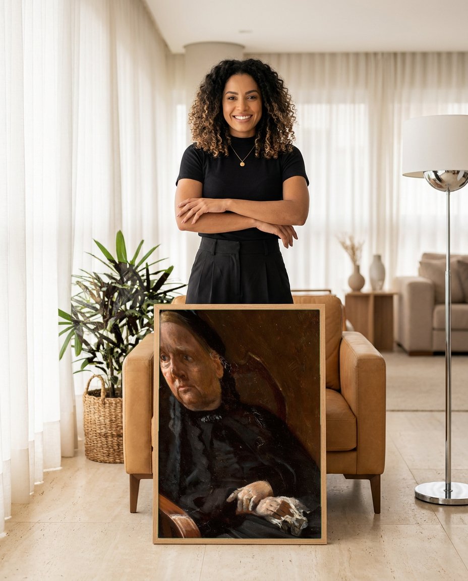 Quadro Decorativo Retrato de Senhora Idosa - Jacek Malczewski com modelo em ambiente