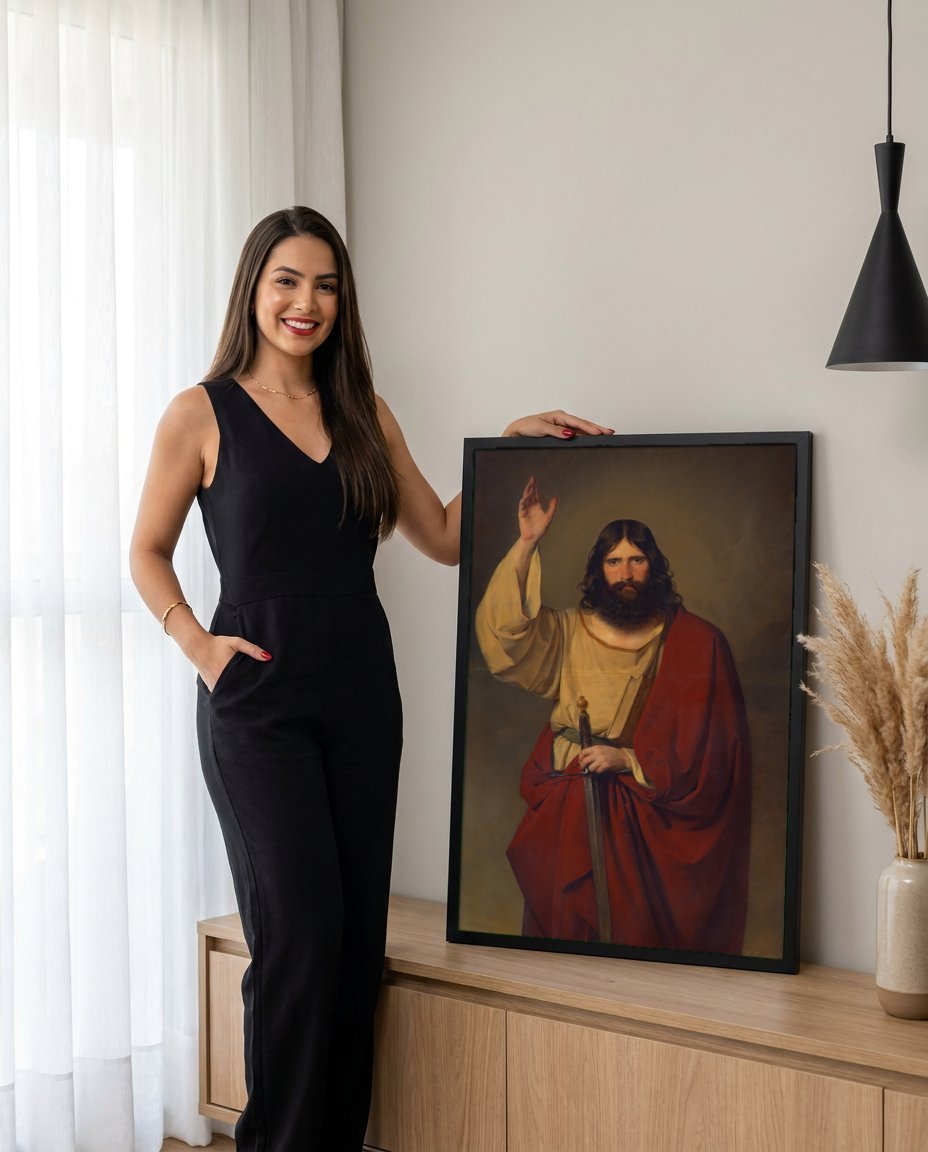 Quadro Decorativo Jesus com Espada - Friedrich Von Amerling com modelo em ambiente