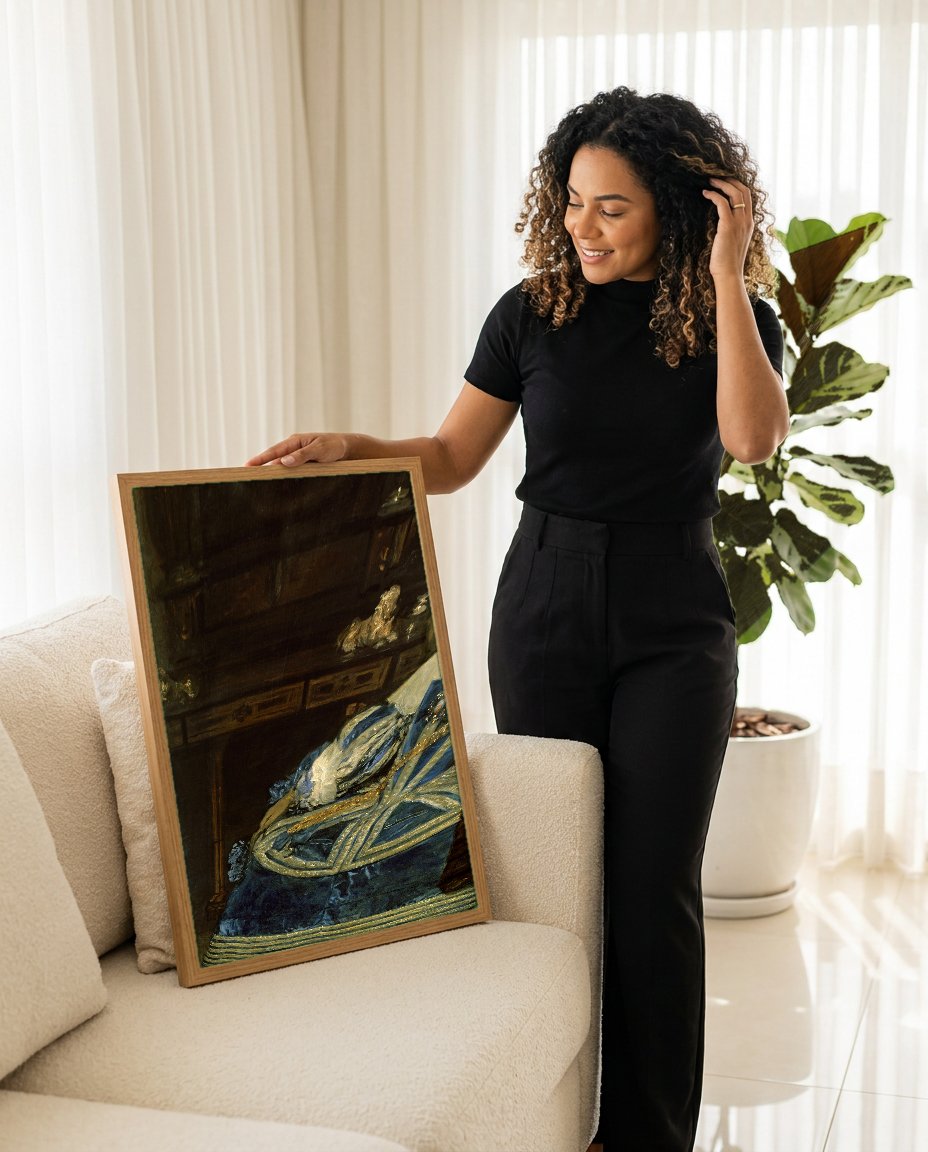 Quadro Decorativo Infanta Margarida - Diego Velázquez com modelo em ambiente
