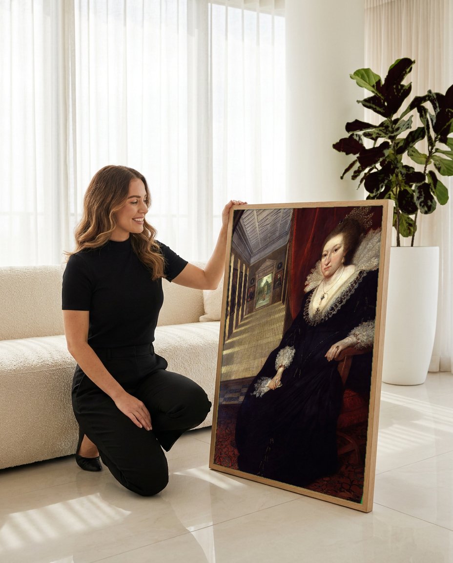 Quadro Decorativo Retrato de Dama – Daniël Mijtens com modelo em ambiente