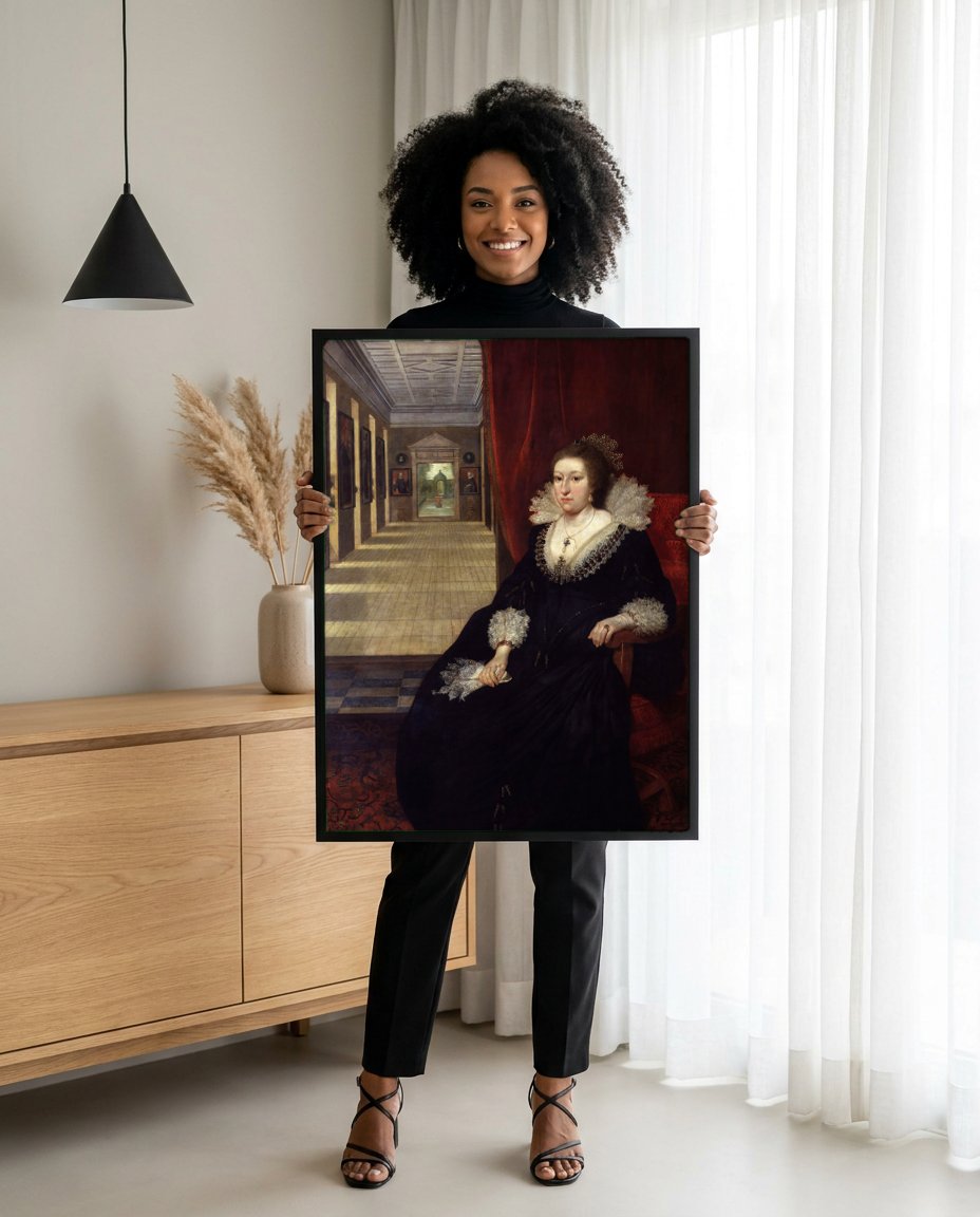 Quadro Decorativo Retrato de Dama – Daniël Mijtens com modelo em ambiente