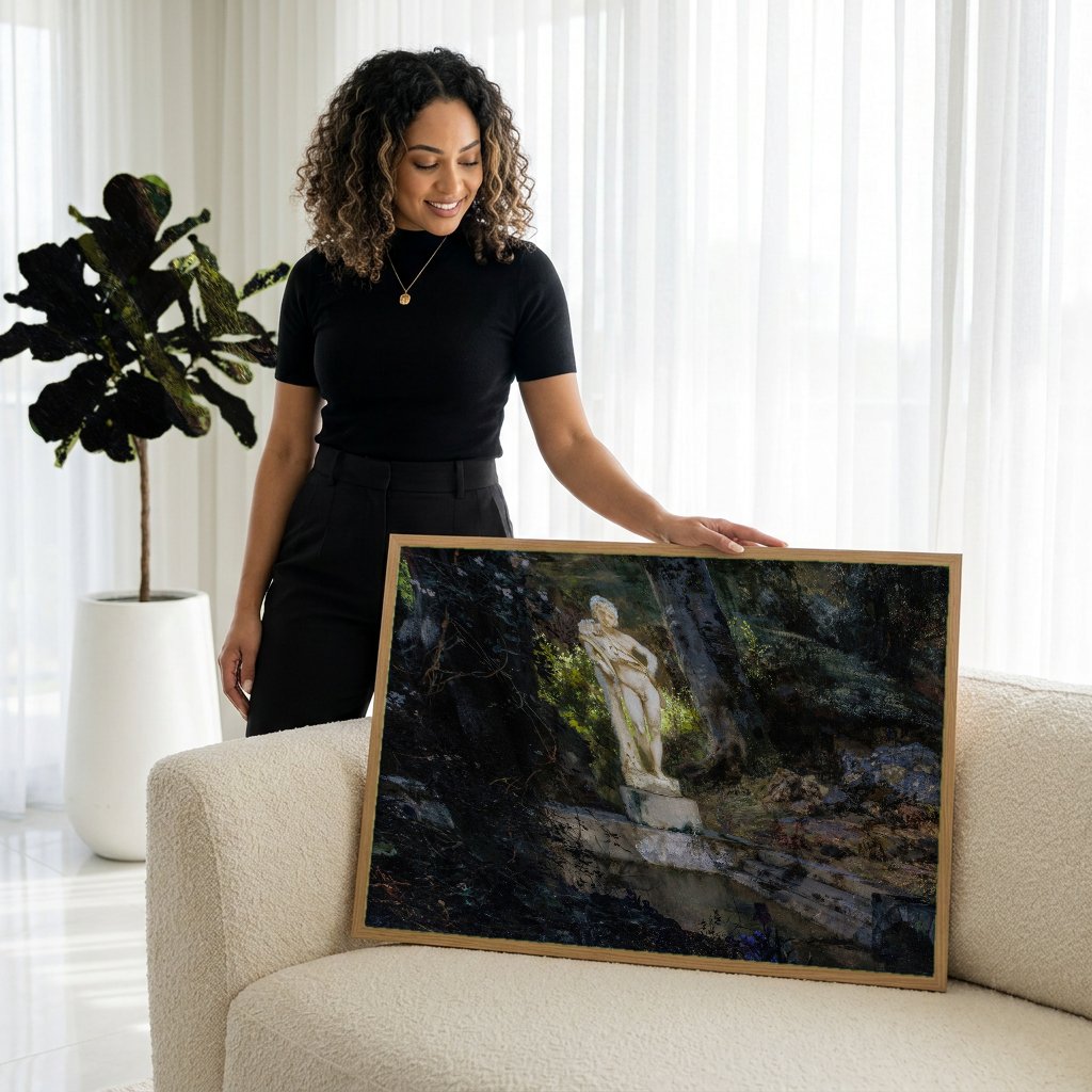 Quadro Decorativo Nudez na Floresta - Siemiradzki com modelo em ambiente