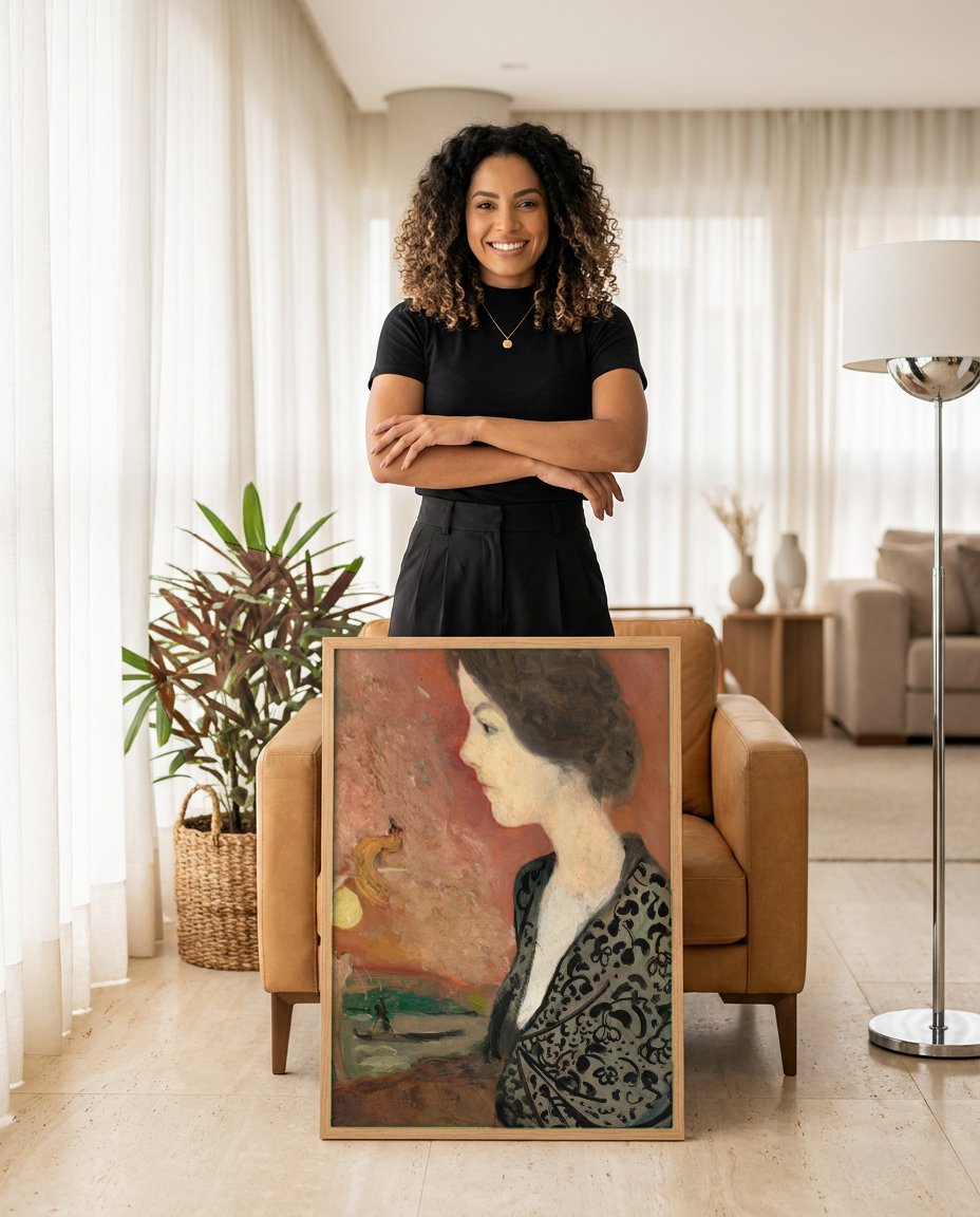 Quadro Decorativo A Mulher no Xale Oriental - August Macke com modelo em ambiente