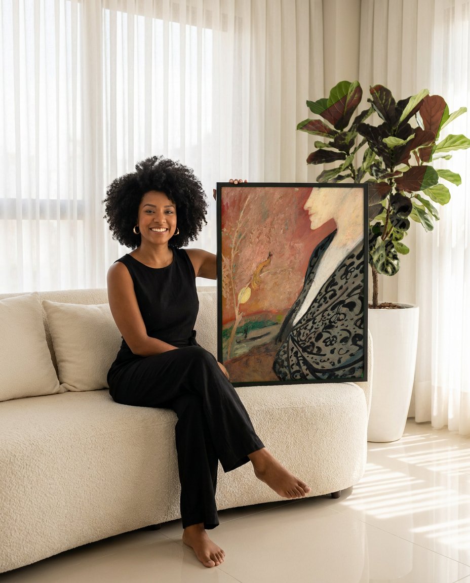 Quadro Decorativo A Mulher no Xale Oriental - August Macke com modelo em ambiente