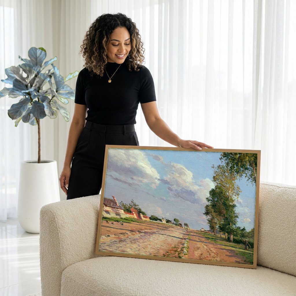 Quadro Decorativo A Estrada de Louveciennes - Pissarro com modelo em ambiente